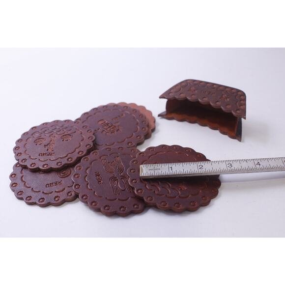 Peru Coasters, Set of 6 with a Holder, Tooled Leather, Kitchen - Picture 3 of 4
